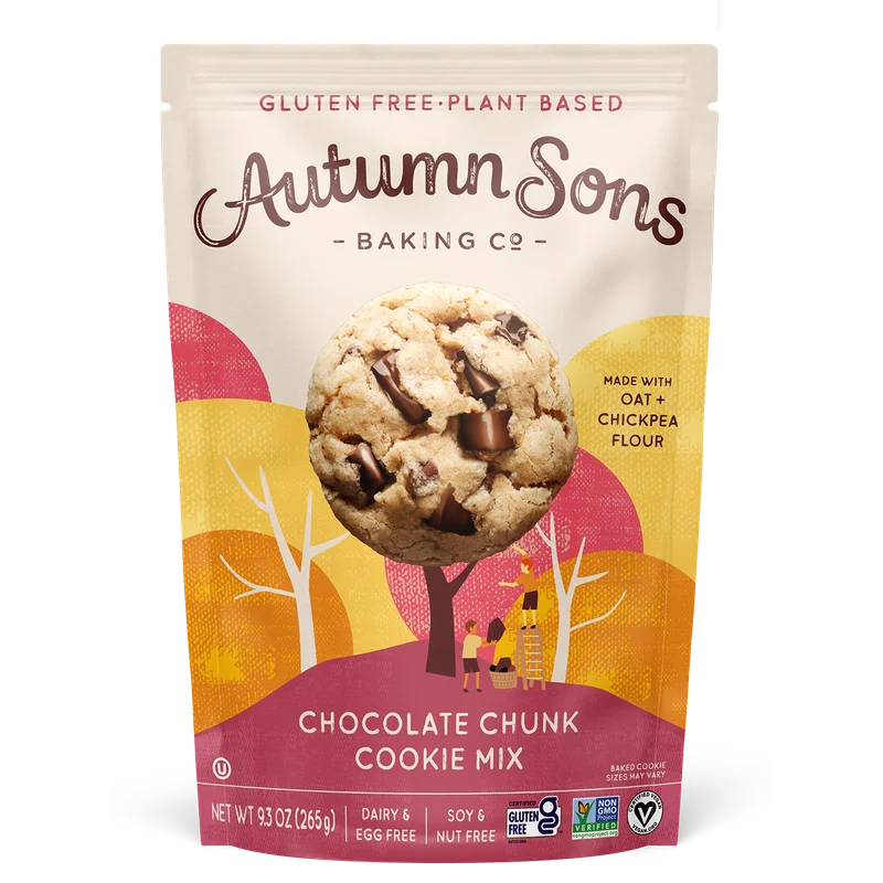 Autumn Sons Baking Co. Gluten Free Chocolate Chunk Cookie Mix. Vegan Plant Based Baking Mix. Top 9 Allergen Free. Dairy Free, Nut Free, Soy Free, Non GMO 9.3 oz