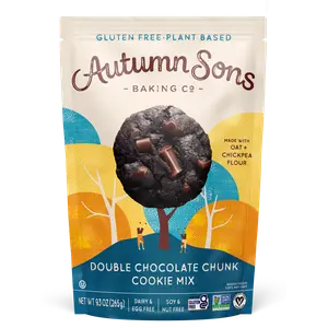 Autumn Sons Baking Co. Gluten Free Double Chocolate Chunk Cookie Mix. Vegan Plant Based Baking Mix. Top 9 Allergen Free. Dairy Free, Nut Free, Soy Free, Non GMO 9.3 oz