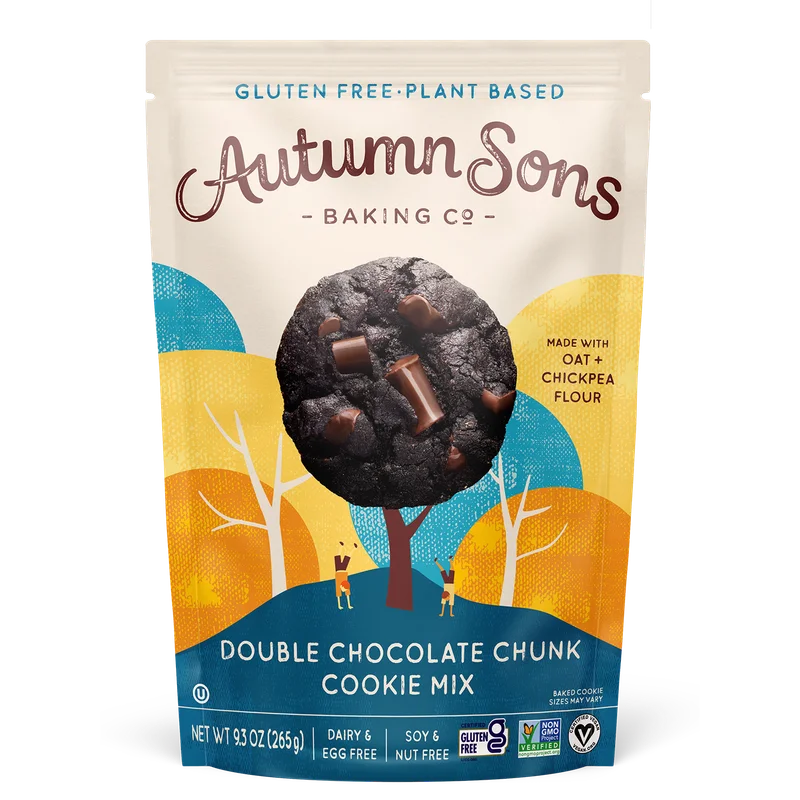 Autumn Sons Baking Co. Gluten Free Double Chocolate Chunk Cookie Mix. Vegan Plant Based Baking Mix. Top 9 Allergen Free. Dairy Free, Nut Free, Soy Free, Non GMO 9.3 oz
