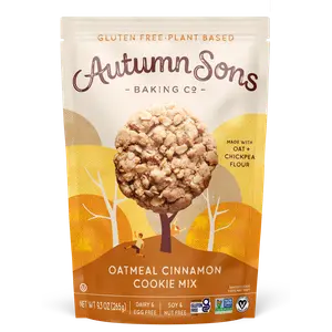 Autumn Sons Baking Co. Gluten Free Oatmeal Cinnamon Cookie Mix. Vegan Plant Based Baking Mix. Top 9 Allergen Free. Dairy Free, Nut Free, Soy Free, Non GMO. 9.3 oz