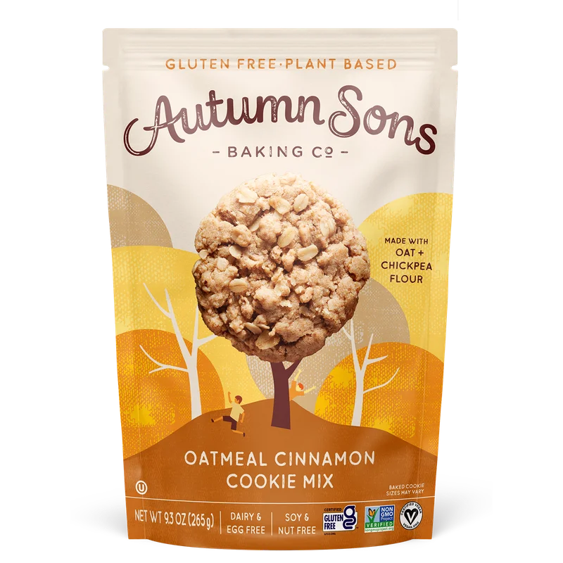 Autumn Sons Baking Co. Gluten Free Oatmeal Cinnamon Cookie Mix. Vegan Plant Based Baking Mix. Top 9 Allergen Free. Dairy Free, Nut Free, Soy Free, Non GMO. 9.3 oz